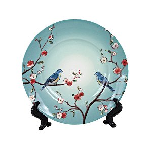 KIT 2 PRATOS DE SALADA EM CERAMICA AZUL PASSAROS E FLORES 3 X 22,5 CM MESA POSTA