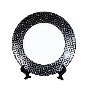 KIT 2 PRATOS RASOS EM CERAMICA BRANCA COM BORDA NEGRA DETALHES GEOMETRICOS 3 X 27 CM MESA POSTA