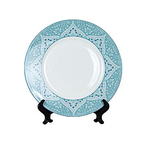 KIT 2 PRATOS RASOS EM CERAMICA BRANCA COM BORDA AZUL ESTILO PERSA 3 X 27 CM MESA POSTA