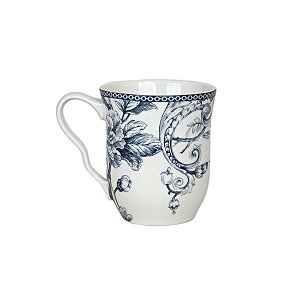 CANECA EM CERAMICA BRANCA ESTAMPA FLORES E PASSAROS AZUIS 400 ML MESA POSTA 2 OPÇÕES DE KITS