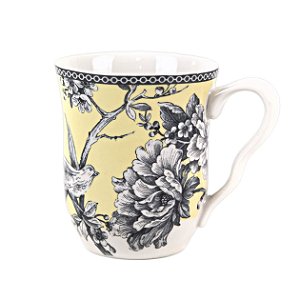CANECA EM CERAMICA BRANCA ESTAMPA AMARELA E MOTIVOS FLORAIS 400 ML MESA POSTA 2 OPÇÕES DE KITS