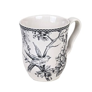 CANECA EM CERAMICA BRANCA ESTAMPA FLORES E PASSAROS CINZAS 400 ML MESA POSTA 2 OPÇÕES DE KITS