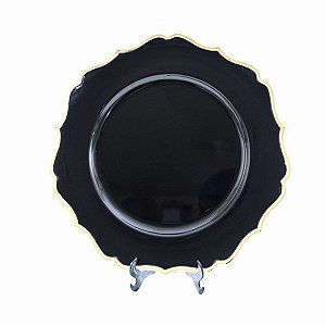 KIT 2 SOUSPLATS REDONDOS EM POLIPROPILENO PRETO COM BORDAS DOURADAS 33 CM MESA POSTA