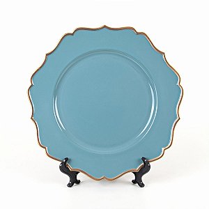 KIT 2 SOUSPLATS REDONDOS EM POLIPROPILENO AZUL COM BORDAS DOURADAS 33 CM MESA POSTA