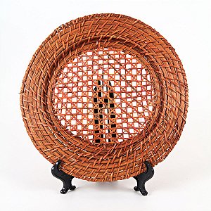 KIT 2 SOUSPLATS REDONDOS VAZADO EM RATTAN BEGE 32 CM MESA POSTA