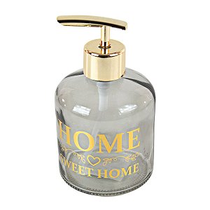SABONETEIRA PARA SABÃO LIQUIDO DE VIDRO FUMÊ COM DISPENSADOR PLASTICO DOURADO 400 ML CASA BANHEIRO UTILIDADE