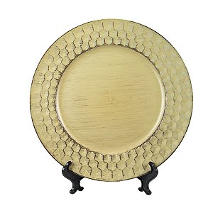 KIT 2 SOUSPLATS REDONDOS EM POLIPROPILENO DOURADO BORDA FIGURAS GEOMÉTRICAS  33 CM MESA POSTA