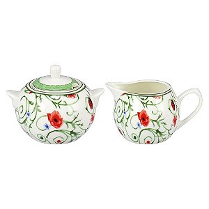 JOGO 2 PEÇAS AÇUCAREIRO E CREMEIRA 250 ML EM CERÂMICA BRANCA ESTAMPADA MESA POSTA CAFÉ DA MANHÃ