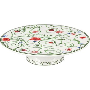 SUPORTE PARA BOLO COM PÉ EM CERÂMICA BRANCA ESTAMPADA FLORES E FRUTOS 26 CM MESA POSTA FESTAS