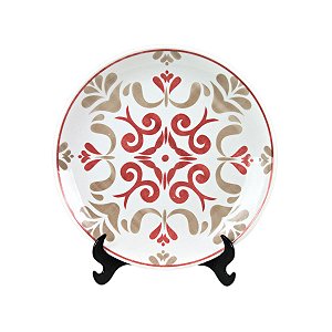 KIT 2 PRATOS DE SOBREMESA LINHA IMPERIAL EM CERÂMICA BRANCA ESTAMPA COR TELHA E BEGE 20,5 CM MESA POSTA