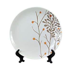 KIT 2 PRATOS RASOS LINHA GARDEN EM CERÂMICA BRANCA ESTAMPA FOLHAS BEGE E AMARELO 26 CM MESA POSTA