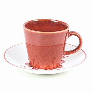 KIT 2 XÍCARAS DE CHÁ LINHA IMPERIAL EM CERÂMICA COR TELHA COM PIRES ESTAMPADO 200 ML MESA POSTA CHÁ E CAFÉ