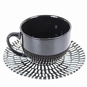 CONJUNTO DE XÍCARAS DE CHÁ LINHA CHEVRON EM CERÂMICA PRETA PIRES BEGE E PRETO 260 ML MESA POSTA 6 PEÇAS