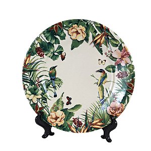 KIT 2 PRATOS RASOS LINHA MONACO NECTAR EM CERÂMICA BEGE ESTAMPA PÁSSAROS E FLORES 26 CM MESA POSTA