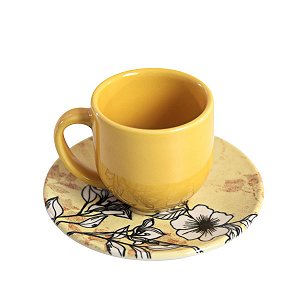 CONJUNTO XICARAS DE CAFÉ LINHA NOUVEAU EM CERAMICA AMARELA PIRES ESTAMPA AMARELA FLORAL 100 ML MESA POSTA 6 PEÇAS