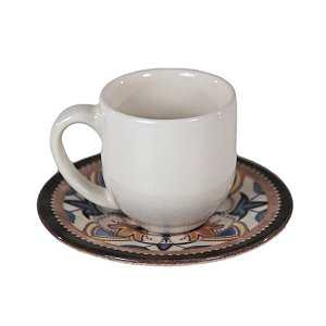 CONJUNTO XÍCARAS DE CAFÉ LINHA MÔNACO ESMIRNA EM CERÂMICA BRANCA PIRES ESTAMPA BEGE E AZUL 70 ML MESA POSTA 6 UNIDADES