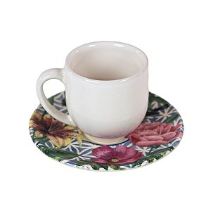 CONJUNTO XÍCARAS DE CAFÉ LINHA GARDEN EM CERÂMICA BRANCA PIRES ESTAMPA AZUL ROSA FLORAL 100 ML MESA POSTA 6 UNIDADES