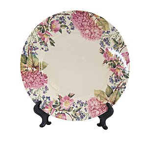 KIT 2 PRATOS RASOS LINHA MONACO HORTENSIA EM CERAMICA BEGE BORDA FLORAL 26,5 CM MESA POSTA