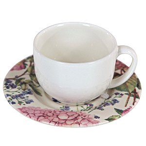 CONJUNTO XÍCARAS DE CHÁ LINHA MONACO HORTENSIA EM CERÂMICA BRANCA PIRES ESTAMPA BEGE FLORAL 190 ML MESA POSTA 6 UNIDADES