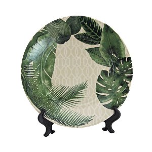 KIT 2 PRATOS RASOS LINHA MONACO TRAVATTURA EM CERAMICA BEGE ESTAMPA FOLHAS 26,3 CM MESA POSTA