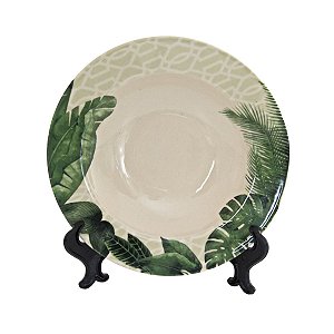KIT 2 PRATOS FUNDOS LINHA MONACO TRAVATTURA EM CERAMICA BEGE ESTAMPA FOLHAS 22 CM MESA POSTA