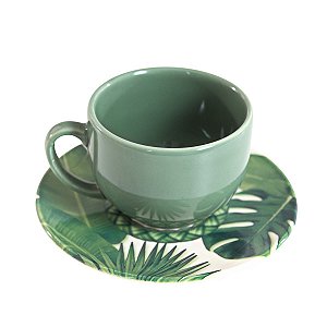 CONJUNTO XÍCARAS DE CHÁ LINHA FOLIAGE EM CERÂMICA VERDE PIRES ESTAMPA FOLHAS VERDES 260 ML MESA POSTA 6 UNIDADES