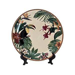 KIT 2 PRATOS RASOS LINHA AMAZÔNIA EM CERAMICA ESTAMPA BEGE TUCANO 28 CM MESA POSTA