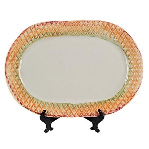 TRAVESSA OVAL RASA ABACAXI EM CERAMICA BRANCA BORDA ALARANJADA 40 X 28 X 2,5 CM MESA POSTA UTILIDADE