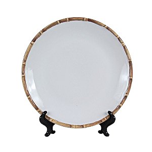 KIT 2 PRATOS RASOS EM CERAMICA BRANCA BORDA ESTAMPA BAMBU 27,5 CM MESA POSTA