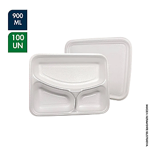 EMBALAGEM DE ISOPOR (BANDEJA C/ TAMPA) 3 DIVISÓRIAS 900ML – PCT C/ 100UN