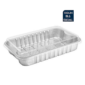 BANDEJA DE ALUMÍNIO 500ML COM TAMPA TRANSPARENTE COM 100 UNIDADES