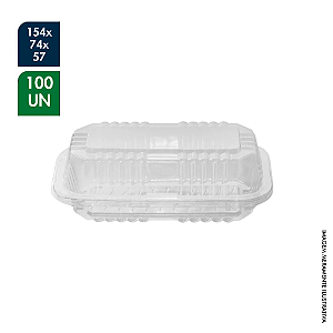 EMBALAGEM RETANGULAR PET CRISTAL 154 x 74 x 57MM COM TAMPA ARTICULADA CX C/ 100UN