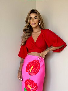 Blusa Transpasse Mangas Vermelha Farm