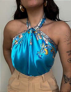 Lenço Cetim Estampado Boêmia Azul Claro