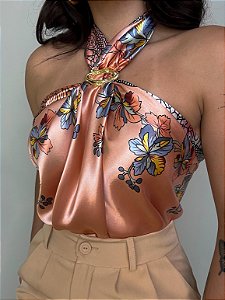 Lenço Cetim Estampado Boêmia Salmão