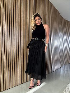 Saia Midi Plissada Helena Preta