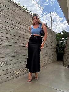 Saia Midi Cetim Rafaela Preta