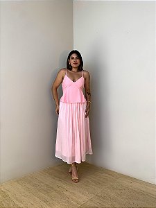 Saia Midi Plissada Helena Rosa Claro