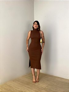 Vestido Midi Canelado Luana Marrom