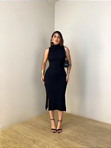 Vestido Midi Canelado Luana Preto