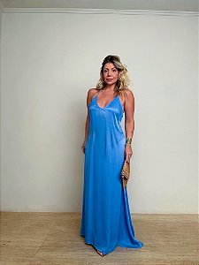 Vestido Decote Cetim azul Farm