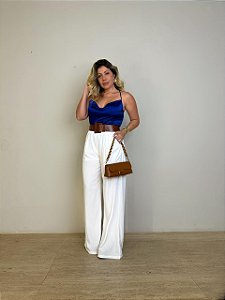 Blusa Cetim Decote Degagê Jane Azul Royal