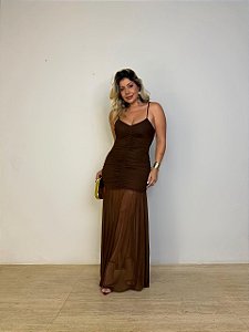 Vestido Tule Drapeado Ester Chocolate