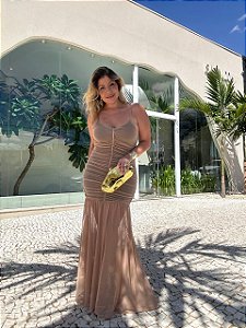 Vestido Tule Drapeado Ester Bege