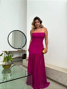 Vestido Longo Tule Rosa Fúcsia