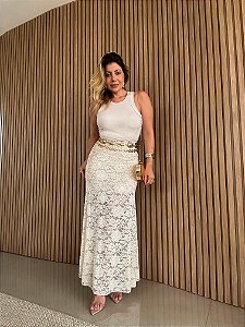 Saia Midi Renda Trancoso Bege Areia