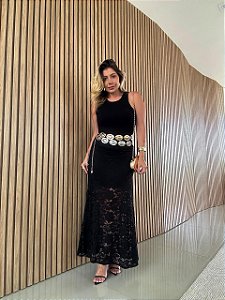 Saia Midi Renda Trancoso Preta