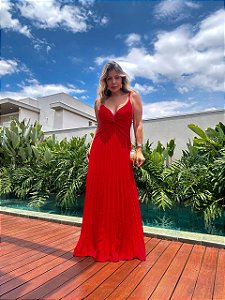 Vestido Longo Plissado Taíba Vermelho