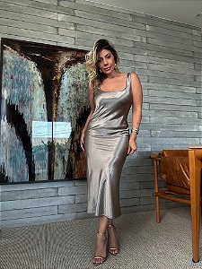 Vestido Midi Cetim Trancoso Prata