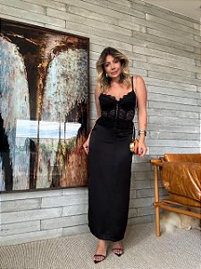 Saia Midi Cetim Jeri Preta